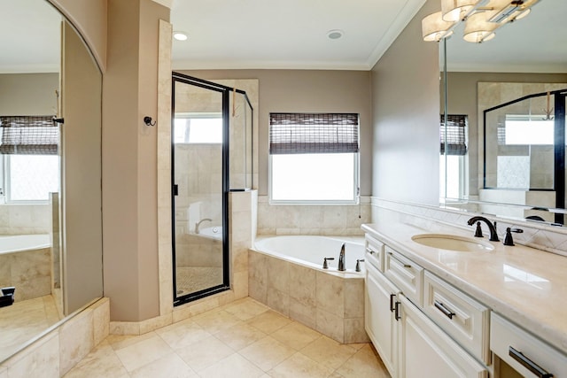 bathroom with crown molding, tile patterned floors, vanity, and plus walk in shower