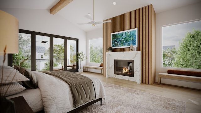 bedroom with vaulted ceiling with beams, a high end fireplace, and light wood-type flooring