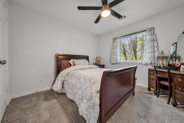 bedroom with ceiling fan and carpet