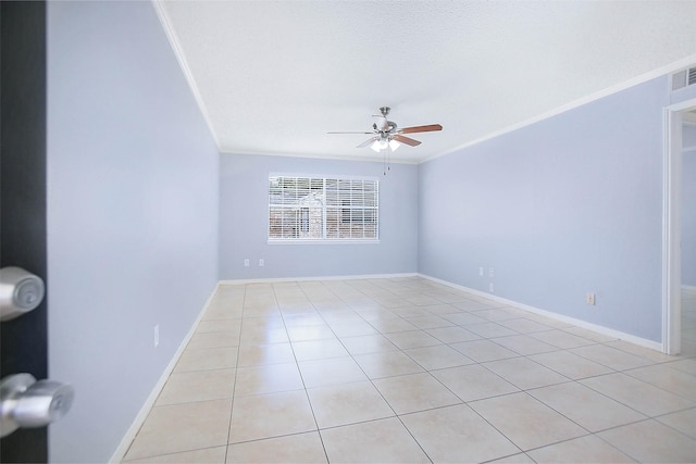 tiled empty room featuring ornamental molding, a textured ceiling, and ceiling fan