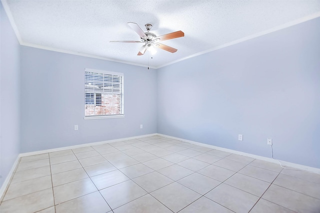 unfurnished room with a textured ceiling, ornamental molding, and ceiling fan