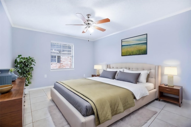 tiled bedroom with crown molding and ceiling fan