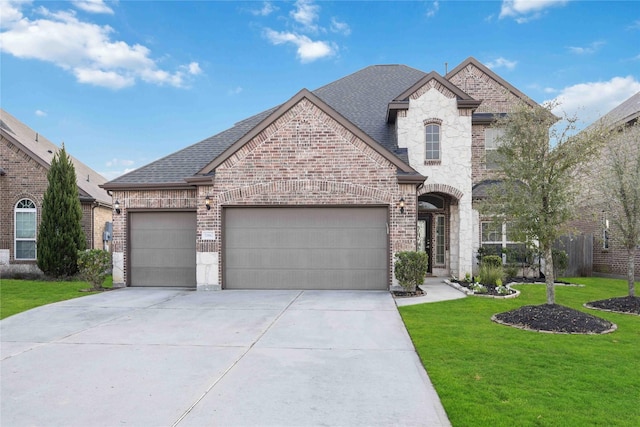 french country inspired facade featuring a garage and a front lawn