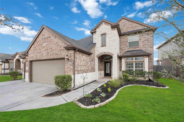 view of front of house with a garage and a front lawn