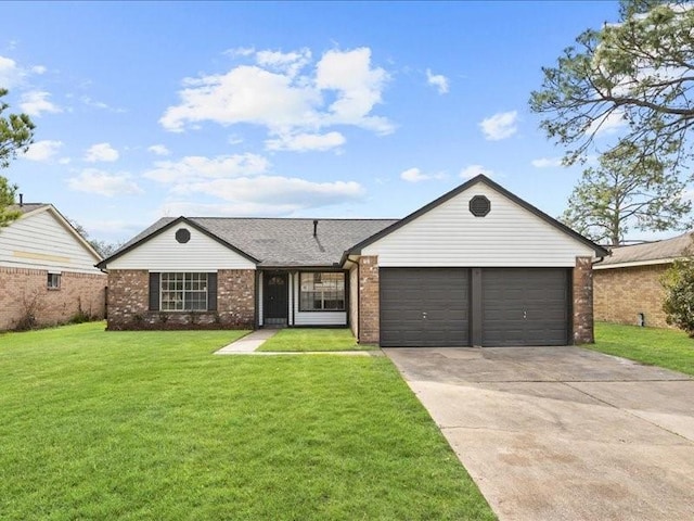 single story home featuring an attached garage, brick siding, concrete driveway, and a front yard