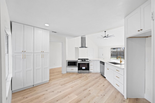 kitchen featuring sink, exhaust hood, white cabinets, and appliances with stainless steel finishes