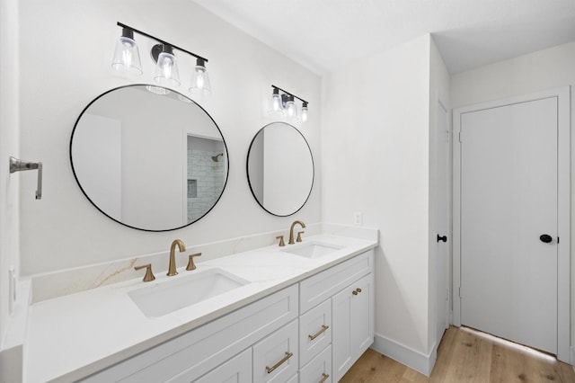 bathroom with vanity and hardwood / wood-style floors