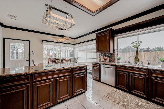 kitchen featuring light tile patterned flooring, sink, crown molding, dark brown cabinets, and dishwasher