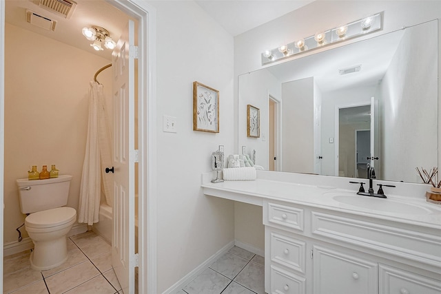 full bathroom featuring tile patterned flooring, vanity, toilet, and shower / bath combo with shower curtain