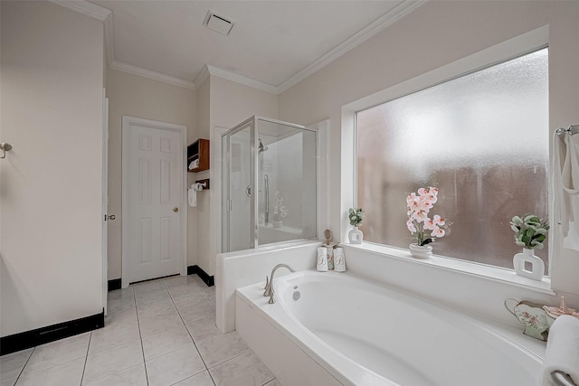 bathroom featuring crown molding, tile patterned floors, and independent shower and bath