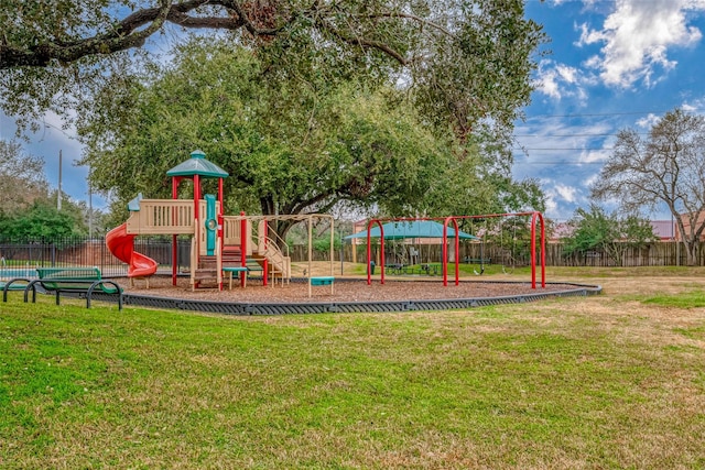 view of jungle gym with a yard