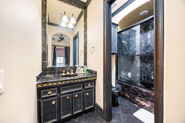 full bathroom featuring ceiling fan, vanity, toilet, and shower / washtub combination