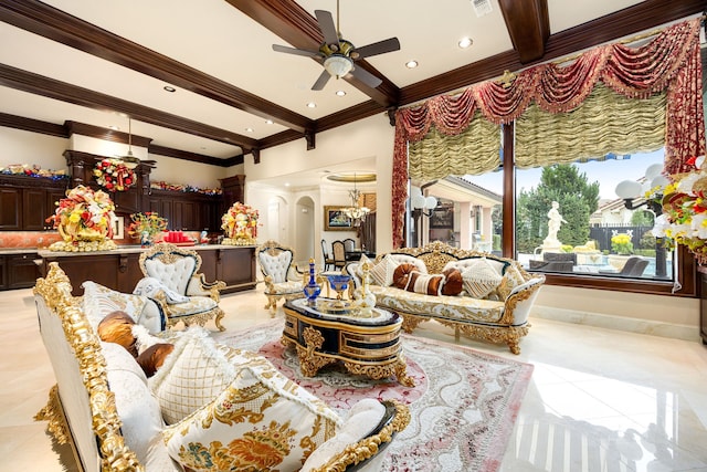 living room featuring crown molding, beam ceiling, ceiling fan, and light tile patterned flooring