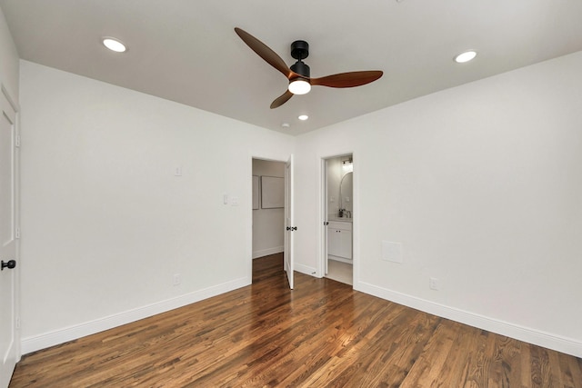 1819 Studewood St, Houston, TX 77008 - unfurnished bedroom featuring baseboards, wood finished floors, recessed lighting, ensuite bath, and a ceiling fan