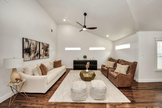 1819 Studewood St, Houston, TX 77008 - living area featuring lofted ceiling, ceiling fan, dark wood-style flooring, baseboards, and recessed lighting