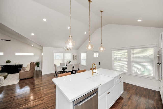 1819 Studewood St, Houston, TX 77008 - kitchen with a sink, open floor plan, dishwasher, white cabinetry, and a kitchen island with sink