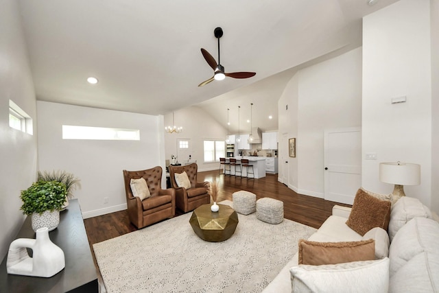 1819 Studewood St, Houston, TX 77008 - living area with dark wood-type flooring, a ceiling fan, a chandelier, baseboards, and recessed lighting