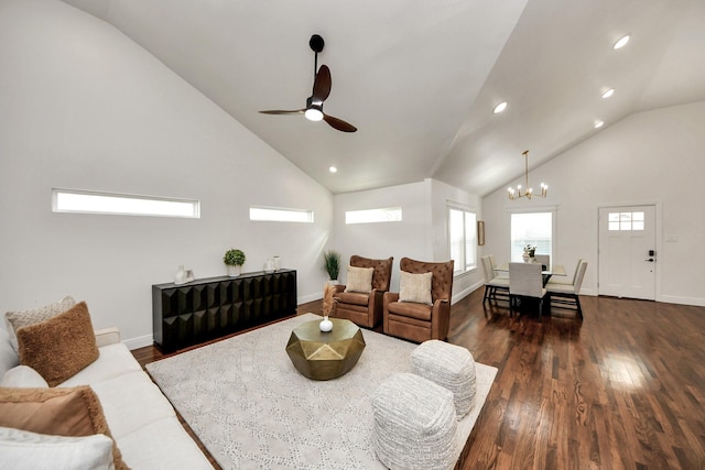 1819 Studewood St, Houston, TX 77008 - living room with a chandelier, ceiling fan, dark wood finished floors, baseboards, and recessed lighting