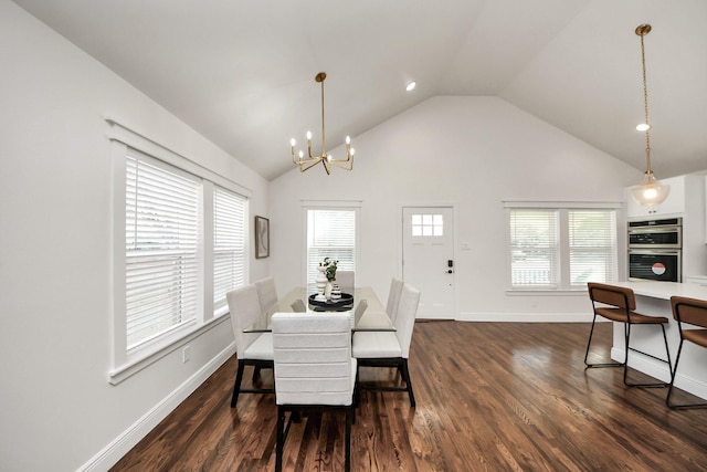 1819 Studewood St, Houston, TX 77008 - dining room with lofted ceiling, a chandelier, dark wood-style flooring, and baseboards