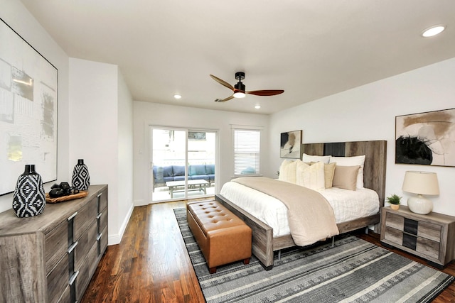 1819 Studewood St, Houston, TX 77008 - bedroom featuring dark wood finished floors, recessed lighting, baseboards, and ceiling fan