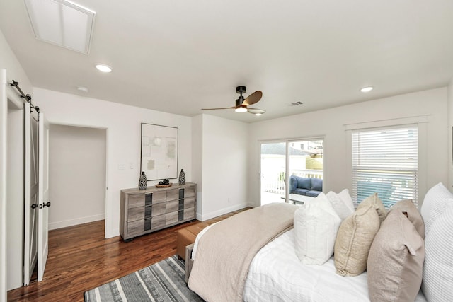1819 Studewood St, Houston, TX 77008 - bedroom with access to outside, baseboards, dark wood finished floors, recessed lighting, and a ceiling fan