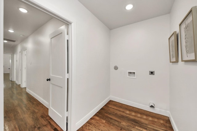 1819 Studewood St, Houston, TX 77008 - washroom featuring electric dryer hookup, hookup for a washing machine, baseboards, dark wood-type flooring, and recessed lighting