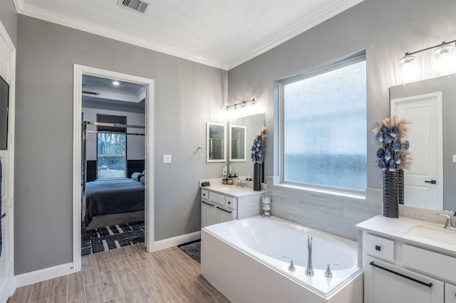 bathroom with vanity, crown molding, and a wealth of natural light