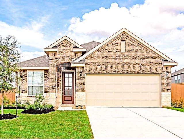 view of front of home with a garage and a front lawn