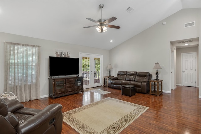 living room featuring french doors, ceiling fan, dark hardwood / wood-style flooring, and high vaulted ceiling