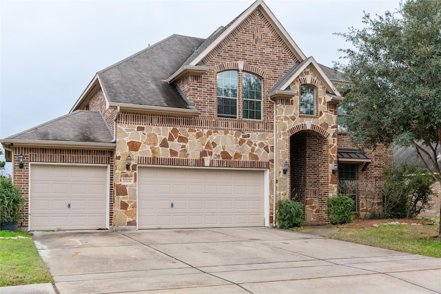 view of front facade featuring stone siding, brick siding, driveway, and an attached garage