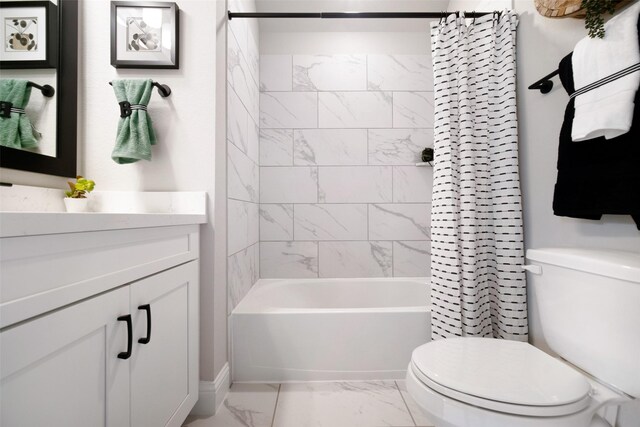 bathroom with shower / bath combo, marble finish floor, vanity, and toilet