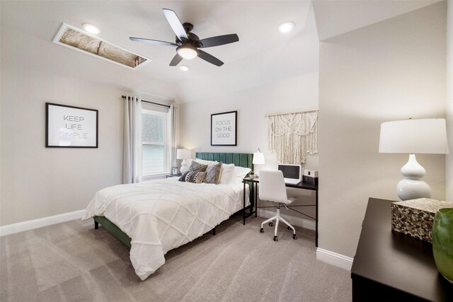 bedroom featuring recessed lighting, carpet flooring, vaulted ceiling, and baseboards