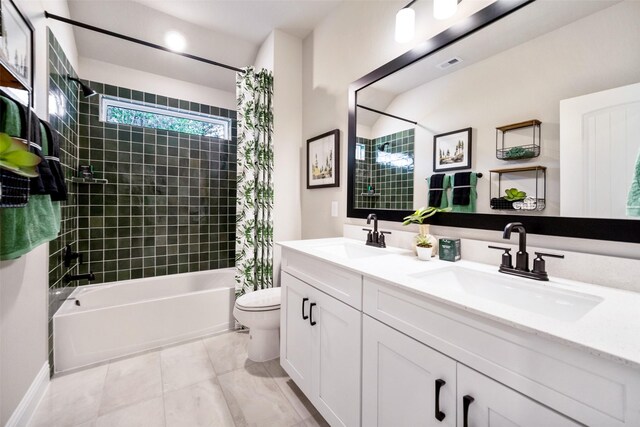 bathroom with shower / tub combo, visible vents, a sink, and toilet