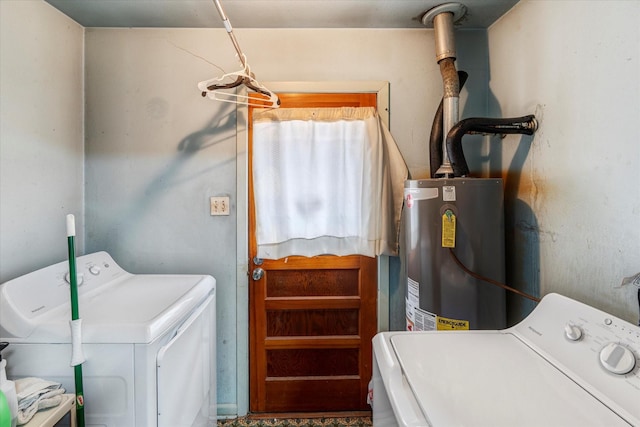 laundry room with water heater and washing machine and dryer