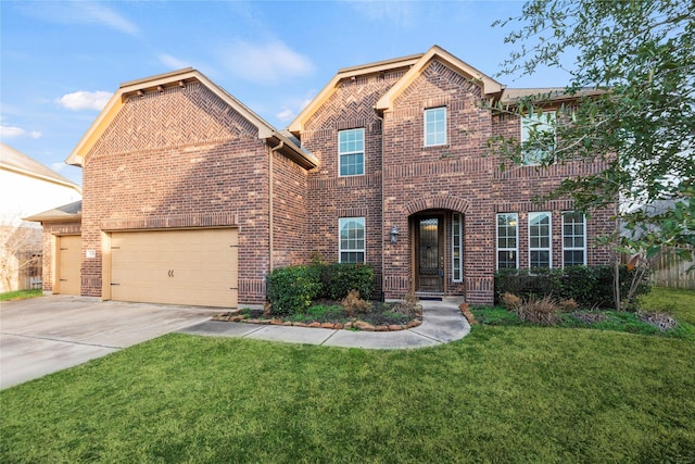 traditional-style home with a garage, brick siding, driveway, and a front lawn