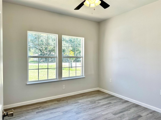 unfurnished room with ceiling fan and light hardwood / wood-style flooring