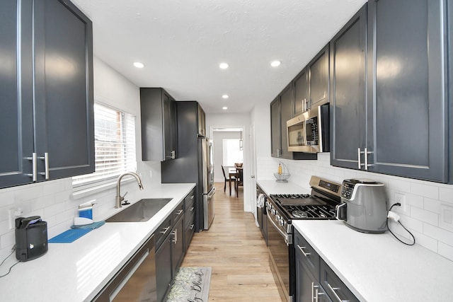 kitchen featuring appliances with stainless steel finishes, sink, decorative backsplash, and light hardwood / wood-style flooring