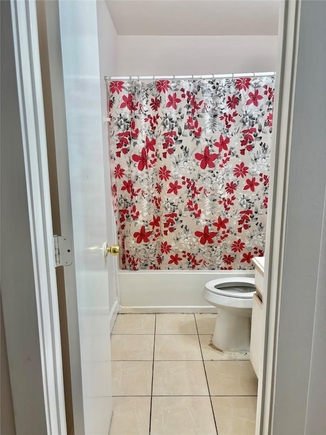 full bathroom with tile patterned flooring, vanity, toilet, and shower / tub combo with curtain