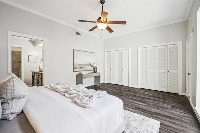 bedroom featuring crown molding, ceiling fan, dark hardwood / wood-style floors, connected bathroom, and two closets