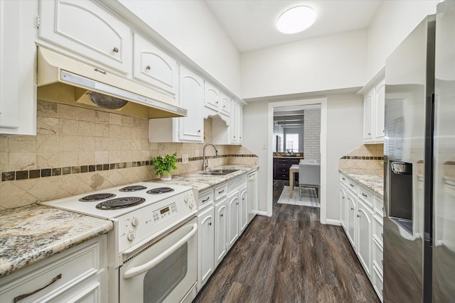 kitchen featuring sink, white appliances, dark wood-type flooring, and white cabinets