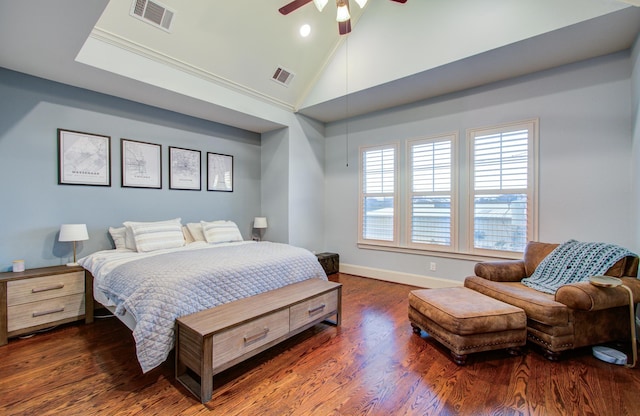 bedroom featuring crown molding, ceiling fan, dark hardwood / wood-style flooring, and high vaulted ceiling