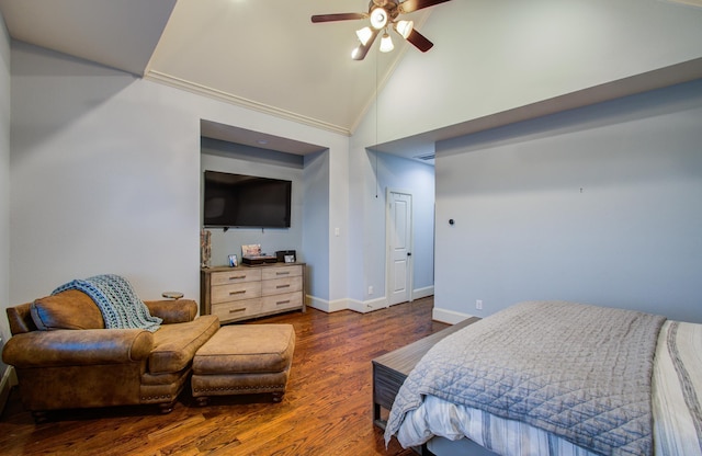 bedroom featuring dark wood-type flooring, ceiling fan, and high vaulted ceiling