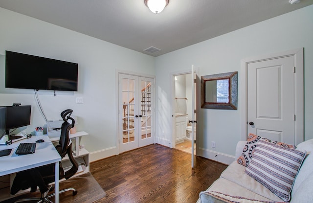 office space with french doors and dark hardwood / wood-style flooring