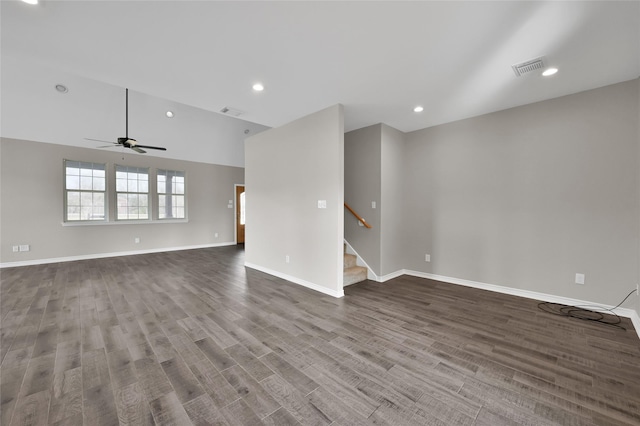 unfurnished living room featuring hardwood / wood-style flooring, vaulted ceiling, and ceiling fan