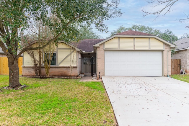 single story home featuring a garage and a front yard