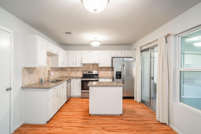 kitchen with sink, white cabinetry, light stone counters, a center island, and appliances with stainless steel finishes