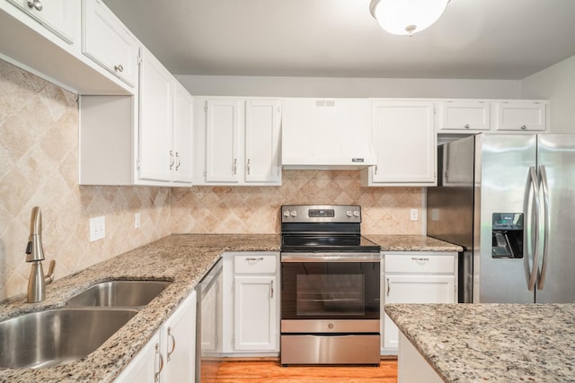 kitchen featuring appliances with stainless steel finishes, sink, white cabinets, and backsplash