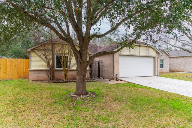 ranch-style home with a garage and a front lawn