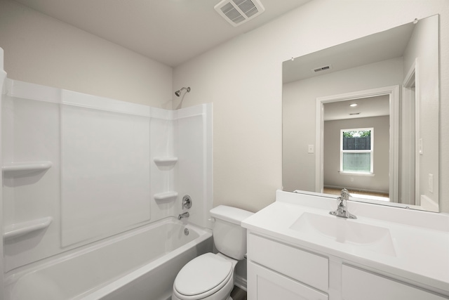 bathroom with  shower combination, visible vents, toilet, and vanity