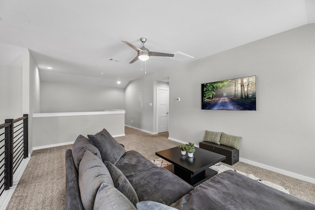 living room with carpet and ceiling fan